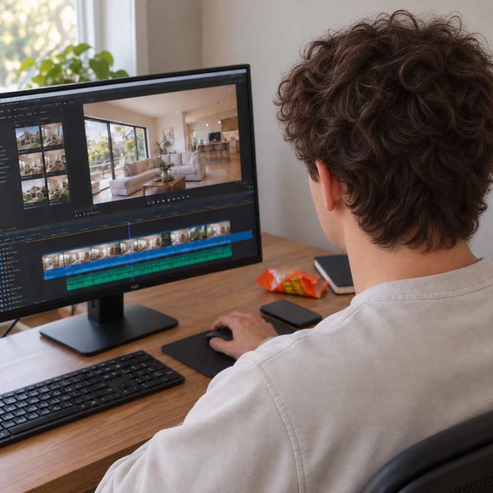 Leonidas at his desk, editing a listing video